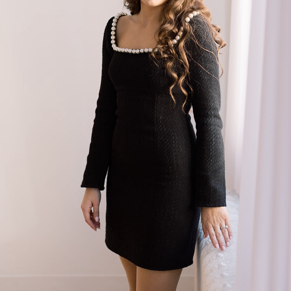 Pearl Embellished Neckline Mini Dress